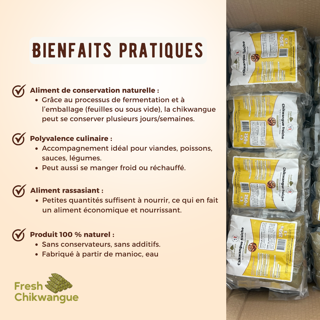 Pack de Chikwangue fraiche Traditionnelle 3x250g - cuisinée en France - Pain de manioc - Yuka - Kwanga - Chikwang - Bobolo - Riche en fibres - 100% manioc - Sans conservateurs