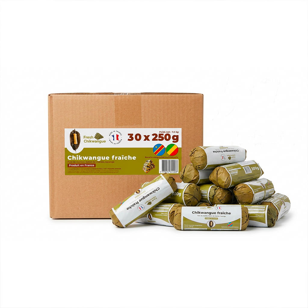 Chikwangue Fraîche – Carton 30 pièces × 250g – Pâte de Manioc Traditionnelle – Produite en France – Livraison Rapide – kwanga