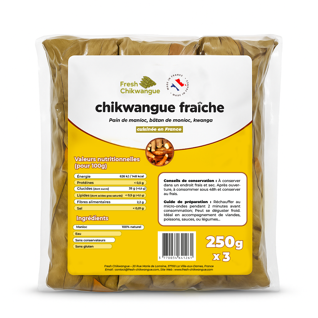 Pack de Chikwangue fraiche Traditionnelle 3x250g - cuisinée en France - Pain de manioc - Yuka - Kwanga - Chikwang - Bobolo - Riche en fibres - 100% manioc - Sans conservateurs