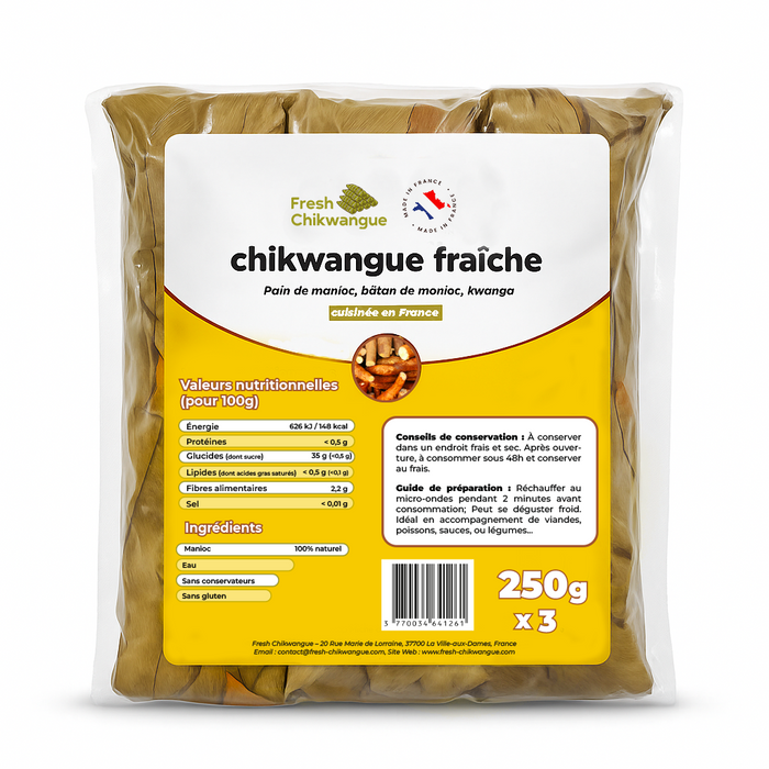 Pack de Chikwangue fraiche Traditionnelle 3x250g - cuisinée en France - Pain de manioc - Yuka - Kwanga - Chikwang - Bobolo - Riche en fibres - 100% manioc - Sans conservateurs